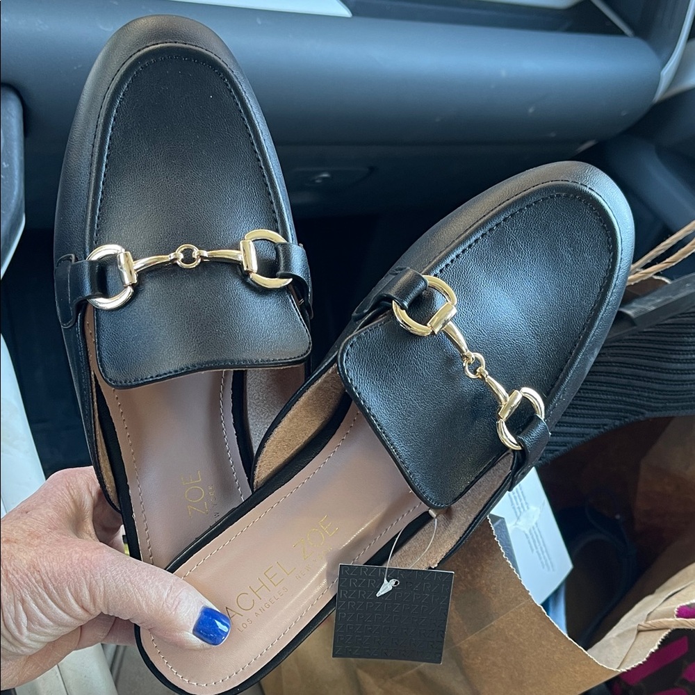 Rachel Zoe Black Leather Loafers with Gold Horsebit